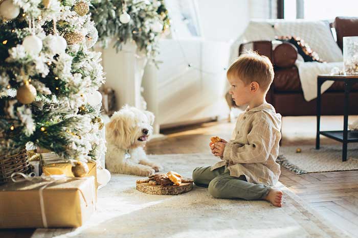 kid with a dog with the tree besides 