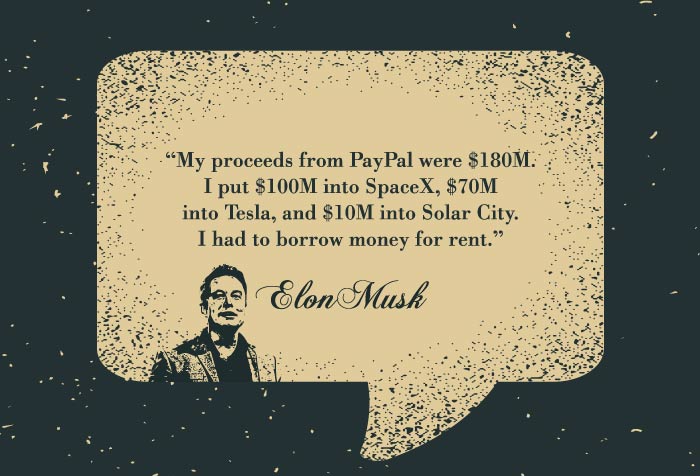 My proceeds from PayPal were $180M. I put $100M into SpaceX, $70M into Tesla, and $10M into Solar City. I had to borrow money for rent. Elon Musk quote personal finance