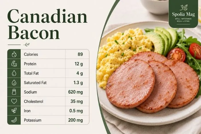 Canadian bacon with scrambled eggs, avocado and tomatoes, with nutrition facts