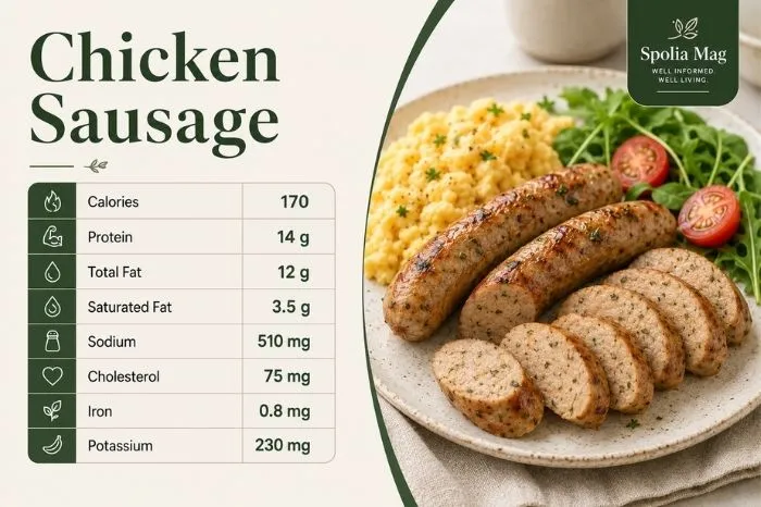 Chicken sausage with scrambled eggs and fresh vegetables, alongside nutrition information