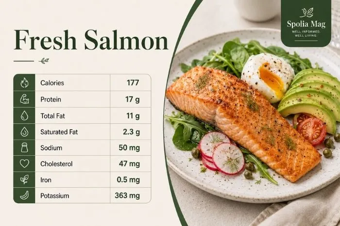 Fresh salmon with egg, avocado and leafy greens, with nutrition facts