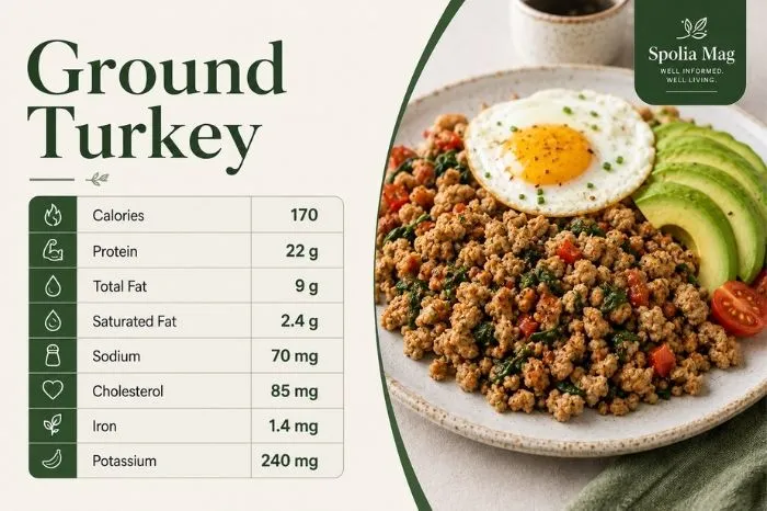 Ground turkey breakfast bowl with egg and avocado, alongside nutrition information