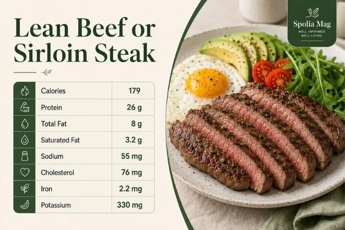 Sliced lean sirloin steak with egg, avocado and greens, alongside nutrition information