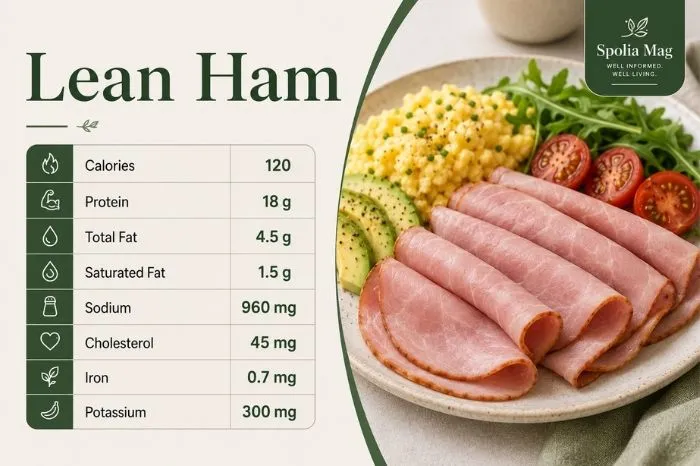 Lean ham breakfast plate with eggs, avocado and tomatoes, alongside nutrition information