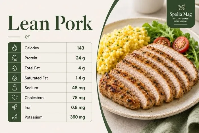 Sliced lean pork with scrambled eggs and greens, with nutrition facts