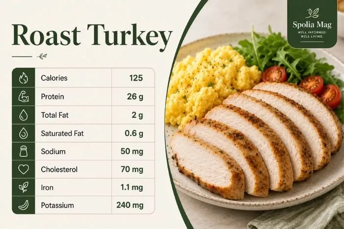 Sliced roast turkey with scrambled eggs and greens, alongside nutrition information