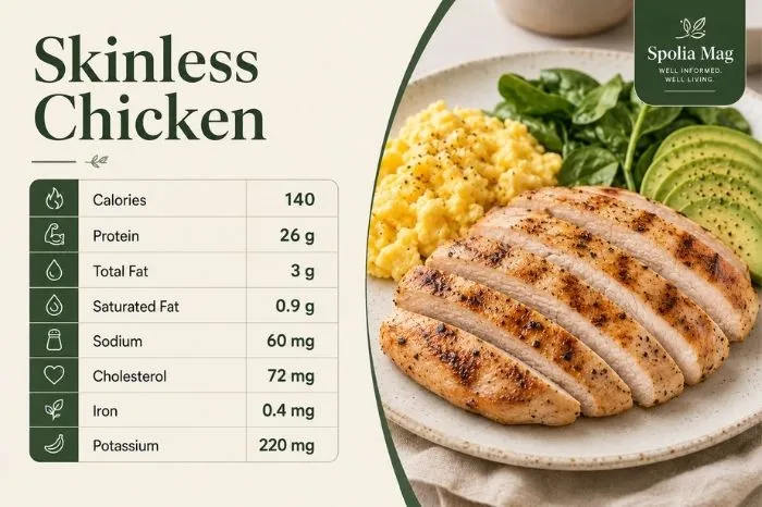 Skinless chicken breast with eggs and greens, with nutrition facts for calories, protein, fat, sodium and cholesterol