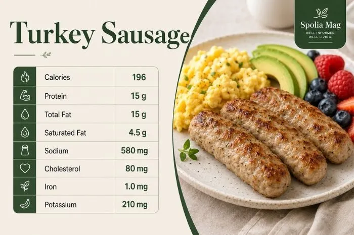 Turkey sausage with scrambled eggs, avocado and berries, with nutrition facts