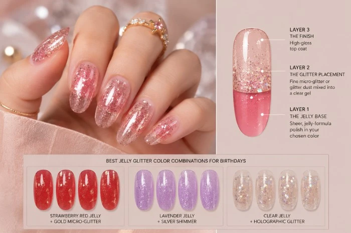 Translucent strawberry red jelly glitter birthday nails with a high-gloss candy finish and gold micro-glitter.