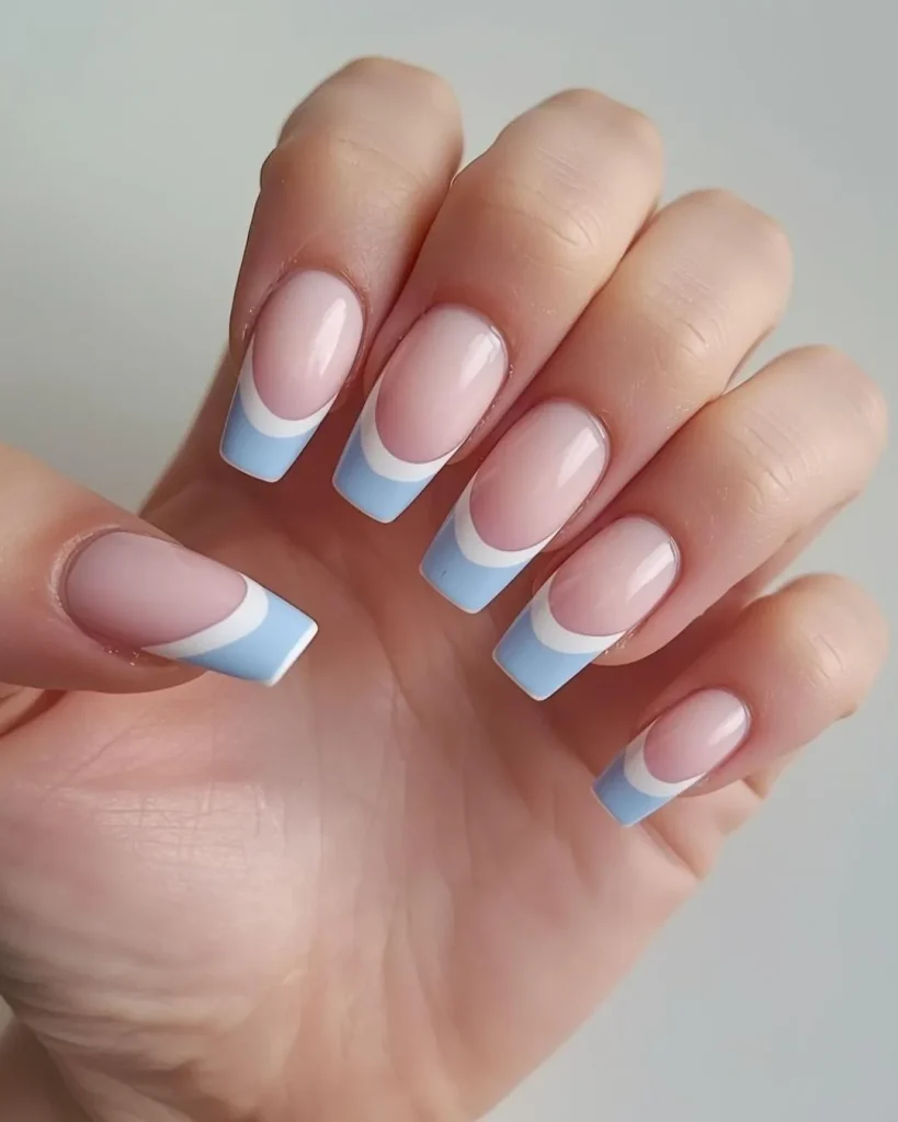 Blue and White French Tip Nails