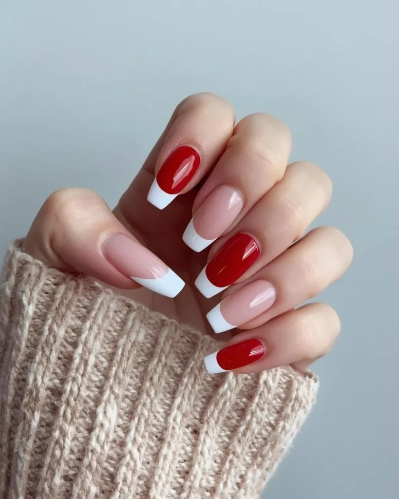 Red and White French Tip Nails