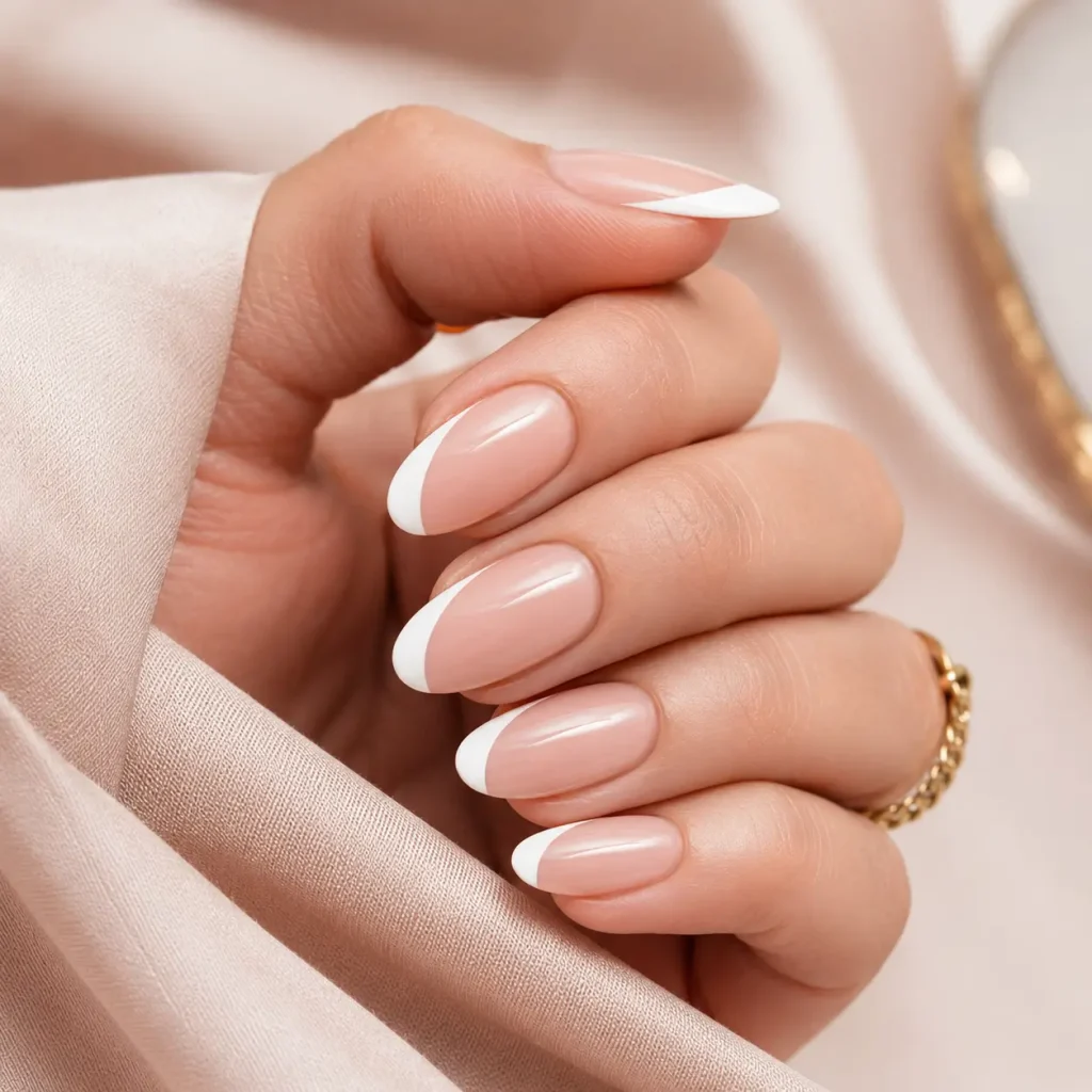Side-swoop white French tips on almond nails