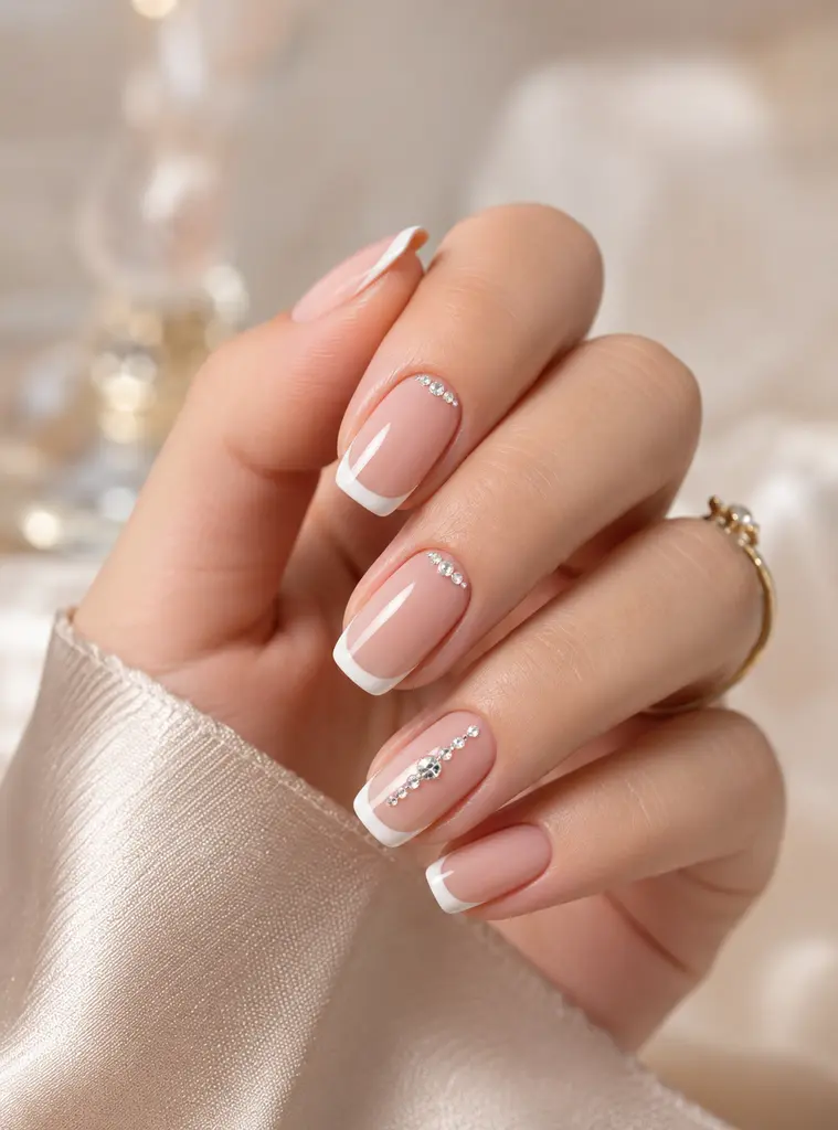White French tips with small rhinestone accents