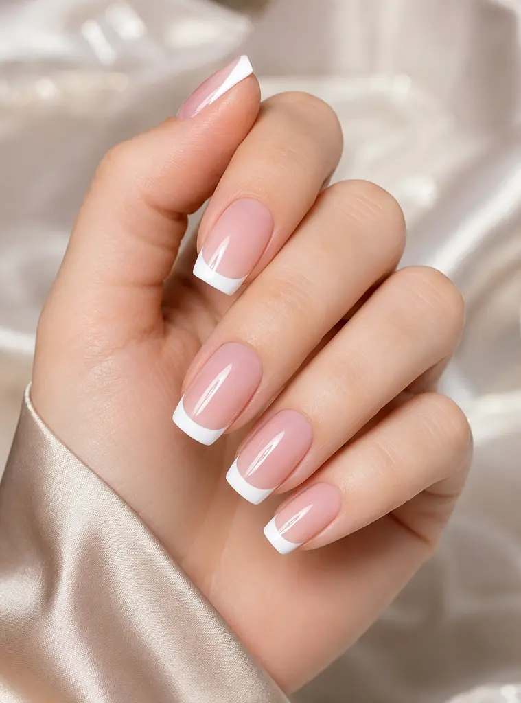 White French tips with a nude base on almond nails