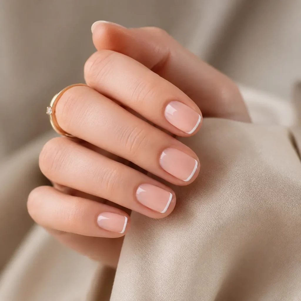 Micro white French tips on short natural nails