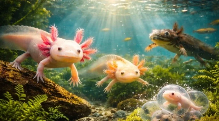 Hope for Endangered Axolotl Amphibians as Captive-Bred Group Survives in the Wild endangered axolotl amphibian releases-hope to bring new life