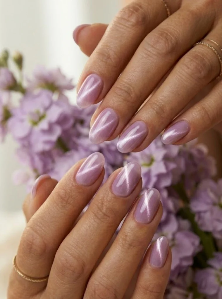 Amethyst cat eye nails featuring lavender magnetic effect and gemstone inspired finish