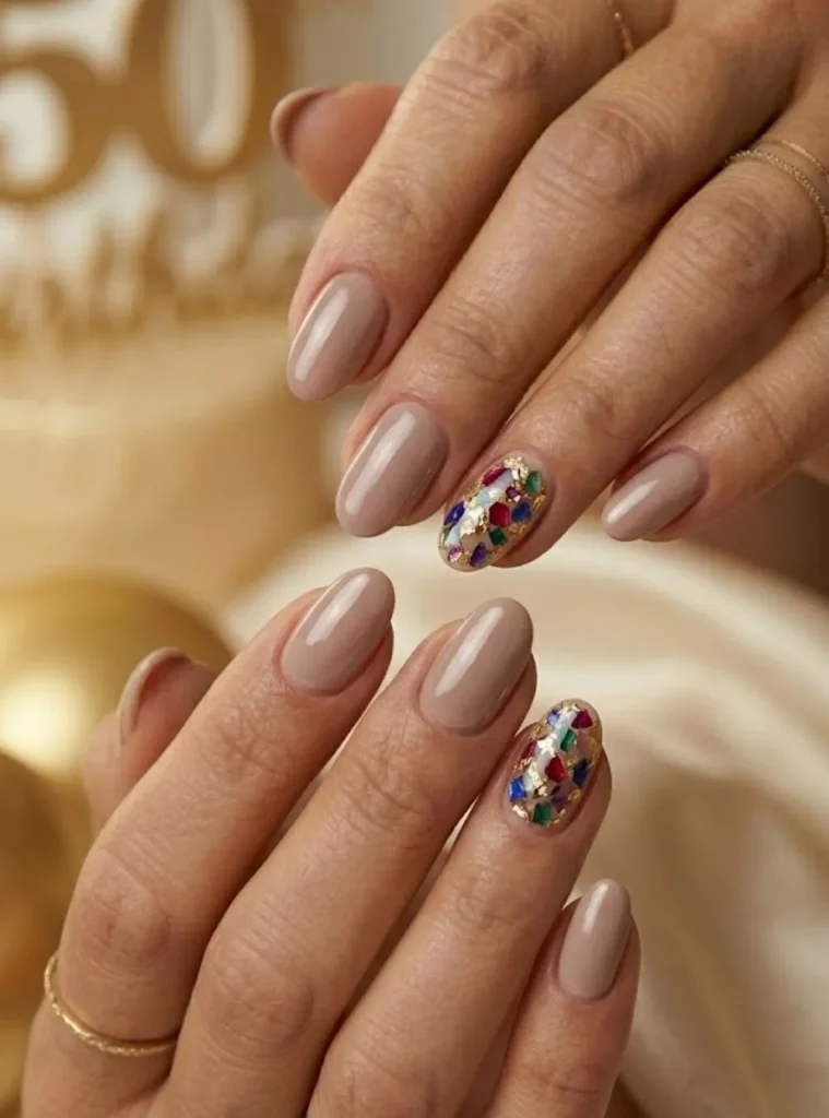 Birthstone mosaic accent nails with gold leaf details for personalized 50th birthday manicure