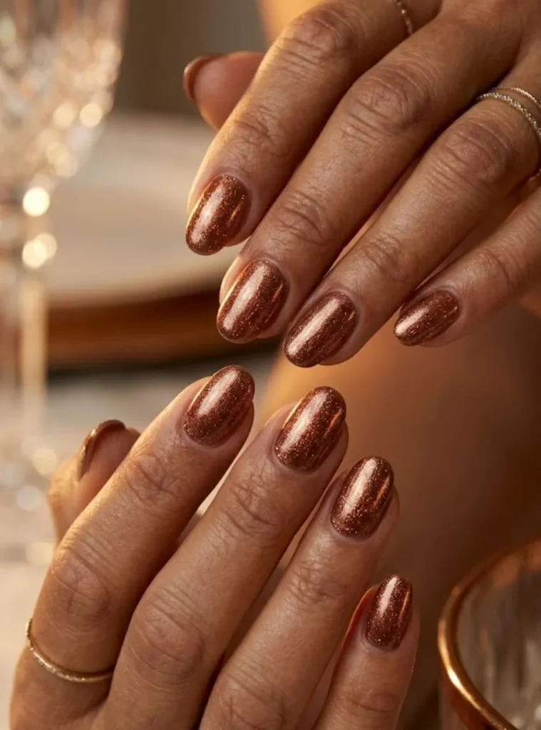 Bronzed shimmer 50th birthday nails with metallic copper glow and sophisticated oval shape