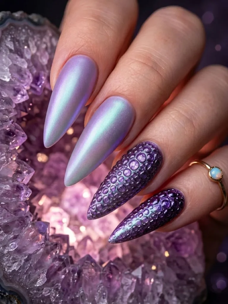 Iridescent stiletto nails with textured soap bubble effect and matte accent nails for a formal 30th birthday dinner