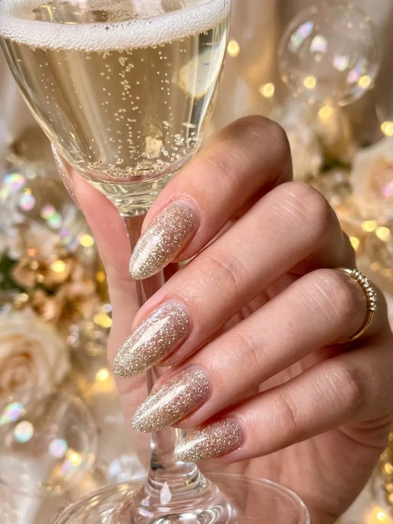 Champagne shimmer almond nails with micro-pearl reflective finish for a luxurious 30th birthday golden hour celebration