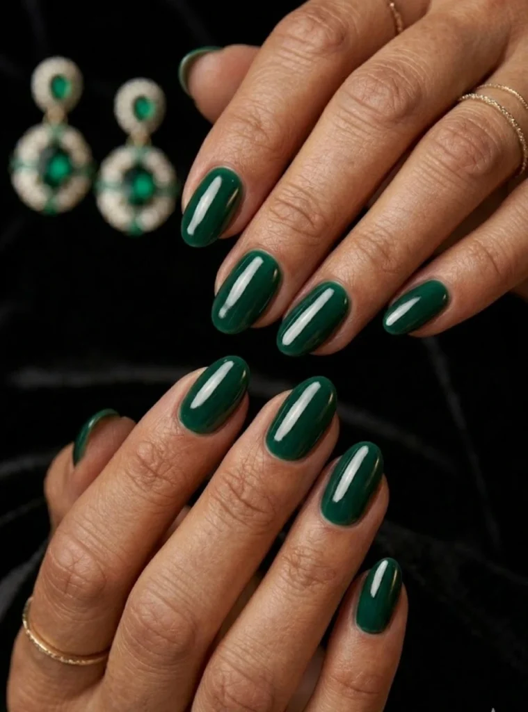 Deep emerald green nails with ultra glossy finish for sophisticated 50th birthday evening look