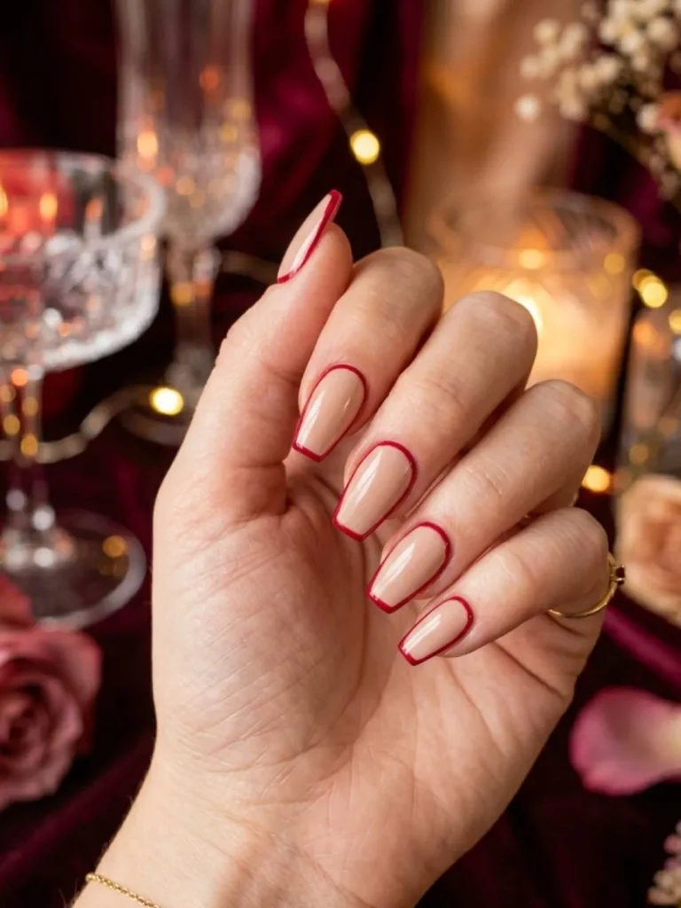 Short nude coffin nails with red or purple outline framing for a modern edgy 30th birthday casual celebration