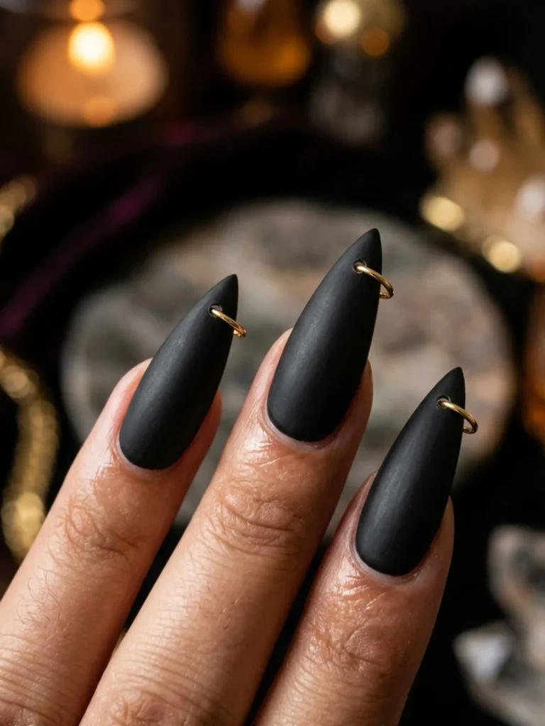 Matte black stiletto nails with micro-hoop nail piercings for a bold dirty thirty birthday style