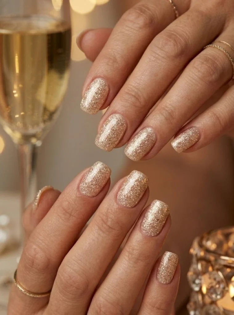 Frosted champagne glitter nails with sugar sparkle finish for glamorous 50th birthday party