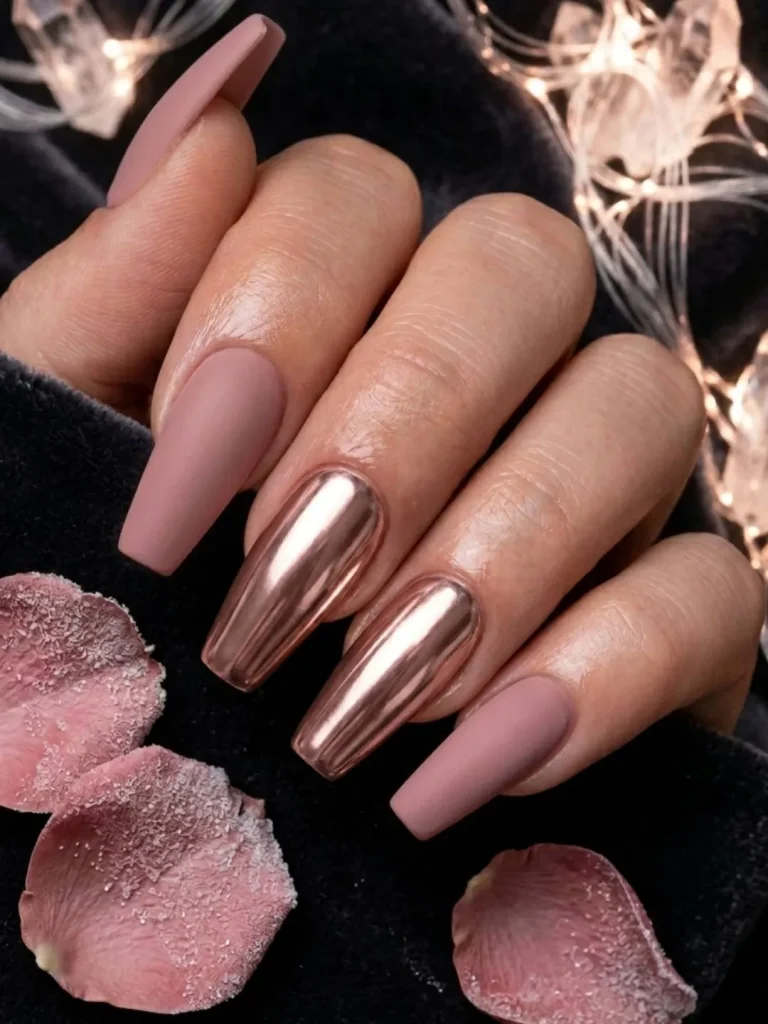 Dusty pink matte coffin nails with rose gold metallic accent fingers for a dreamy winter 30th birthday rooftop dinner