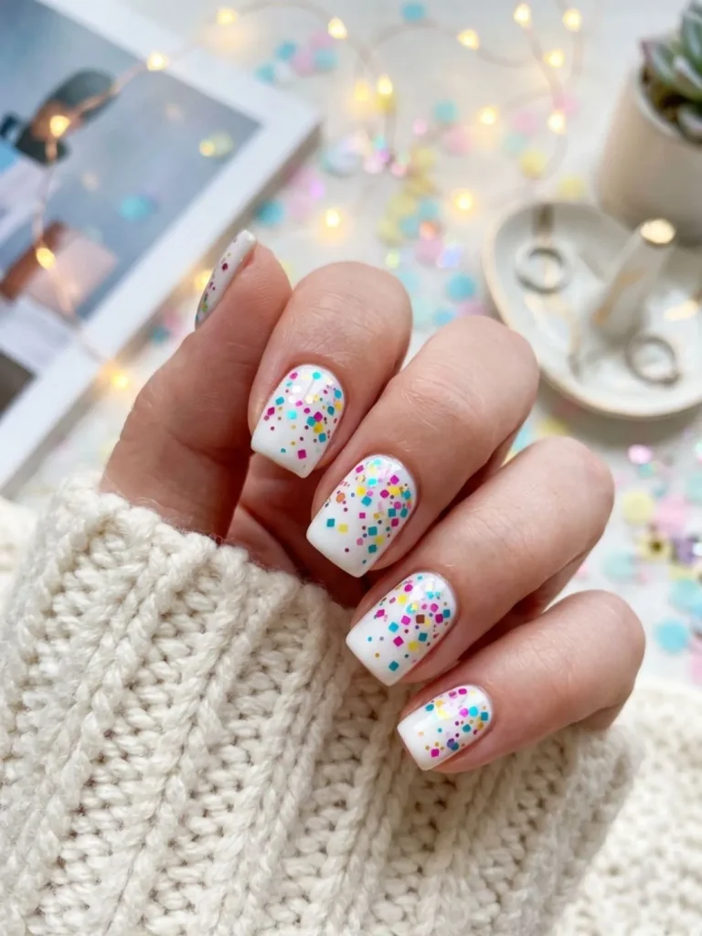Short white square nails with colorful chunky confetti glitter for a fun and carefree 30th birthday indoor celebration