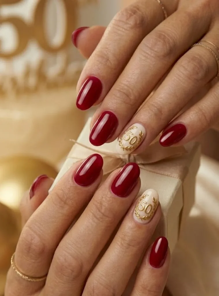 Gilded 50 accent nail design with gold laurel wreath and red manicure for milestone birthday