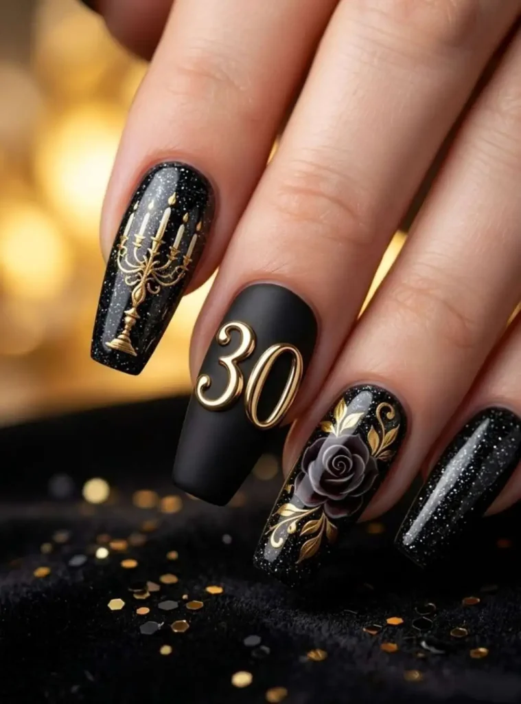 Black coffin nails with gold glitter number 30 accent design for a 30th birthday celebration