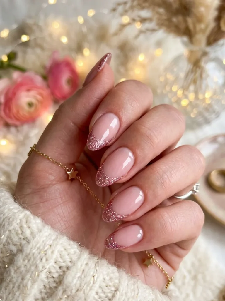 Pinky nude almond nails with pink glitter French tips gel encapsulated for a soft glam 30th birthday Paris destination party