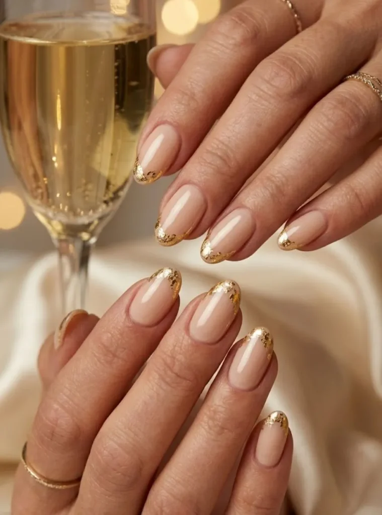 Gold foil French tip nails for 50th birthday with creamy nude base and luxury metallic details