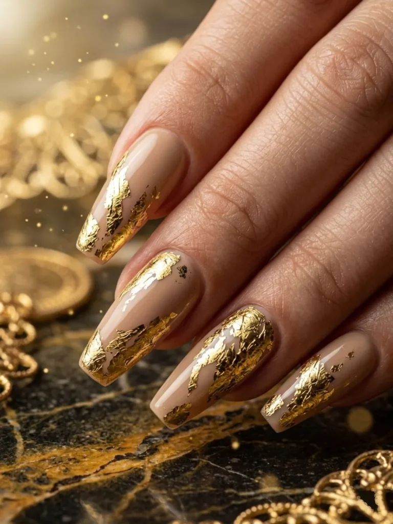 Nude almond nails with high-gloss gold foil accents for an elegant 30th birthday Michelin-star dinner