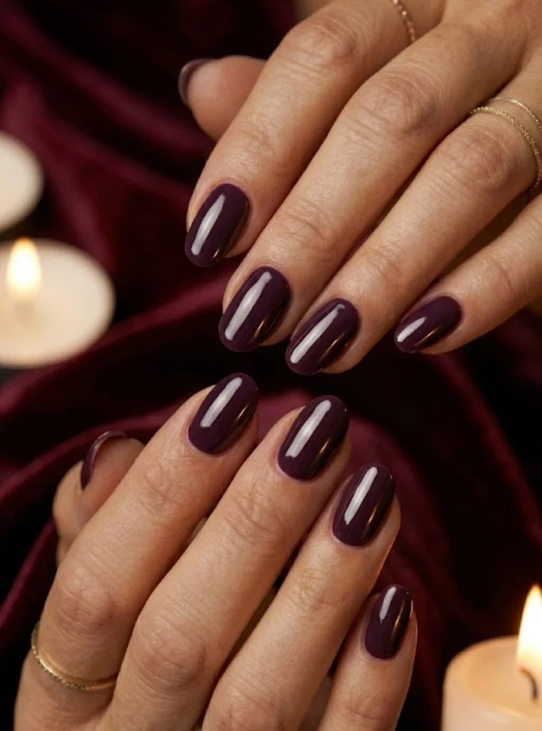 Imperial plum cream nails with rich glossy finish for mature women's birthday manicure