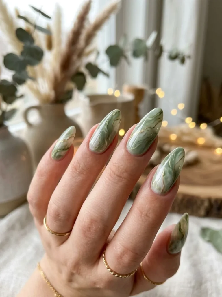 Matcha green and off-white marble almond nails with blooming gel technique for a quiet luxury birthday aesthetic