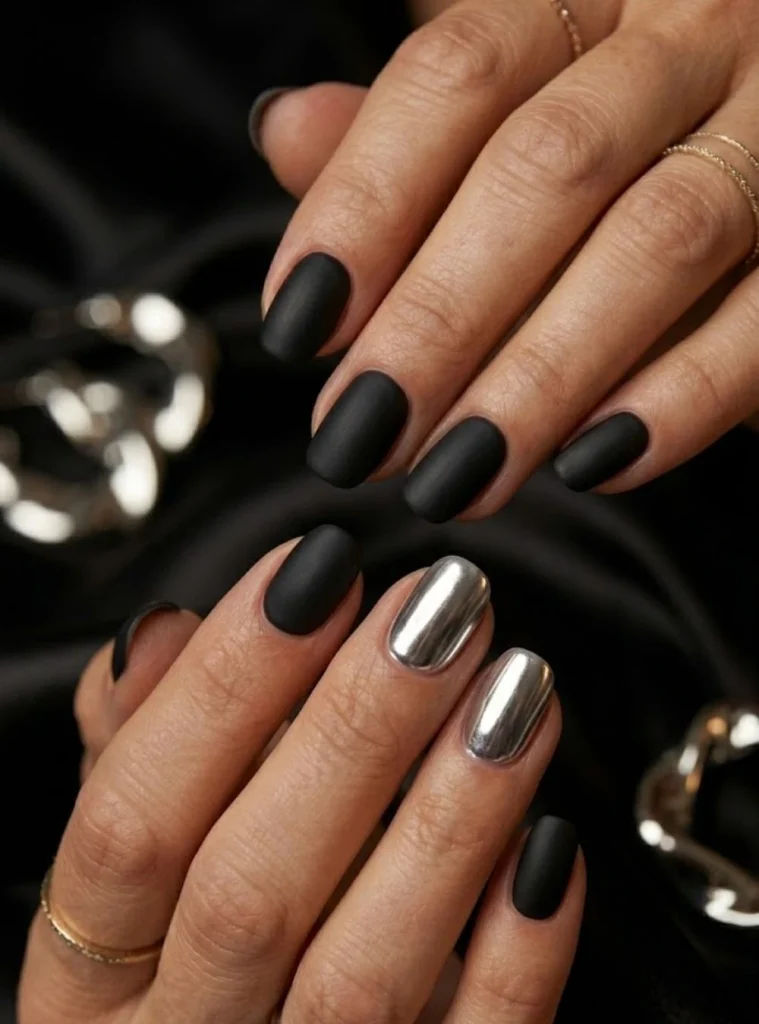 Matte black and silver chrome accent nails for modern 50th birthday nail inspiration