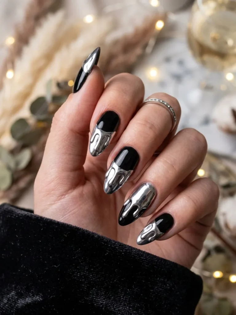Black almond nails with liquid chrome 3D droplet effect for a glamorous 30th birthday celebration