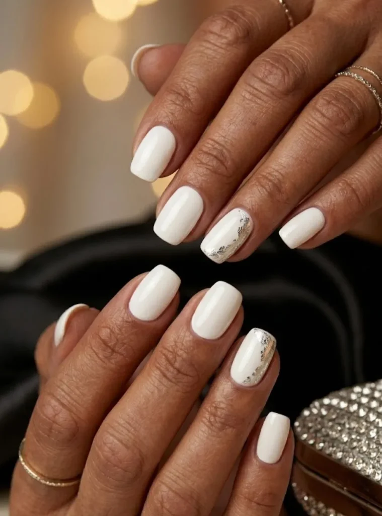 Platinum leaf accent nails with porcelain white manicure for elegant 50th birthday celebration
