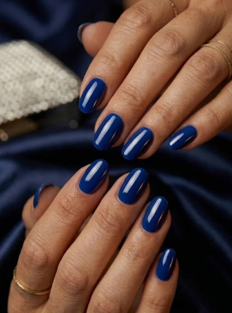 Rich cobalt blue satin nails for milestone birthday celebration with almond nail shape