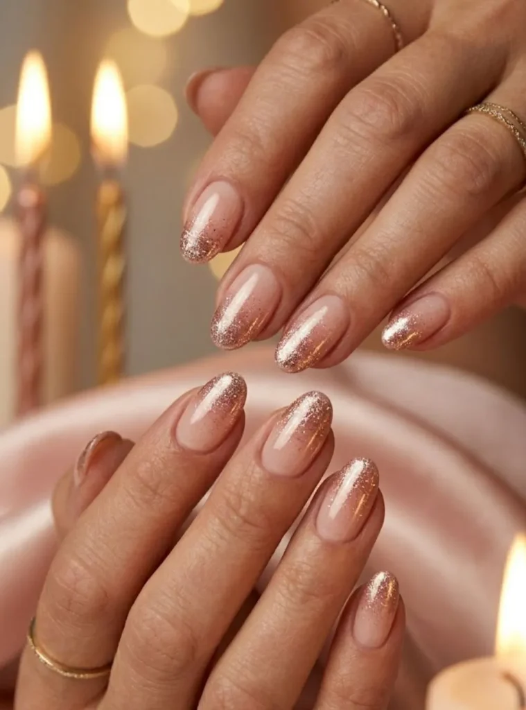 Rose gold ombré shimmer nails for women over 50 featuring blush pink gradient and glitter tips