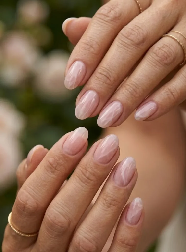 Rose quartz inspired nail design with pink marble effect and glossy finish for 50th birthday nails