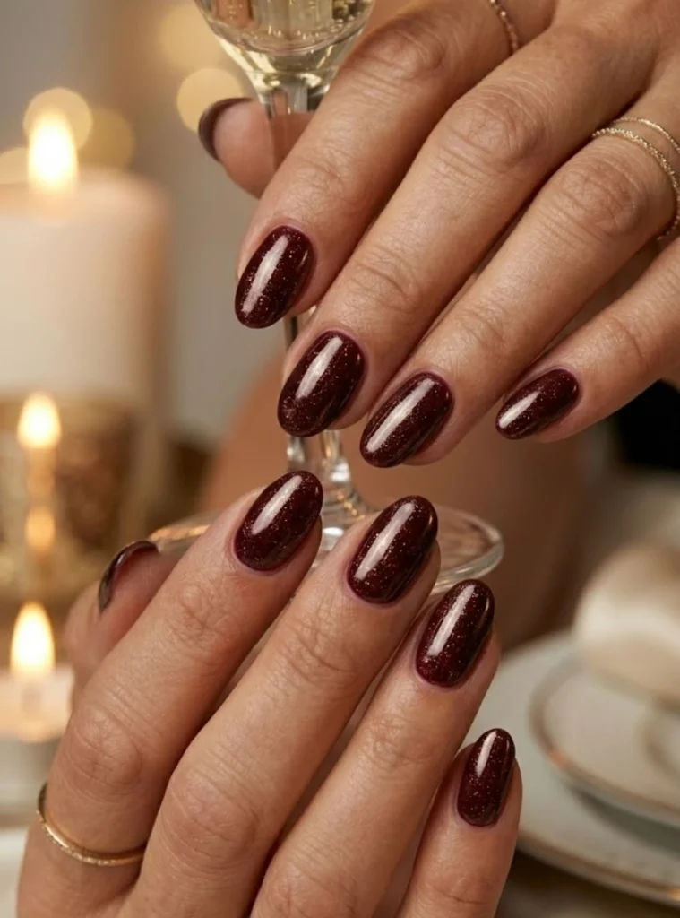 Burgundy shimmer nails with gold sparkle for elegant 50th birthday dinner party manicure