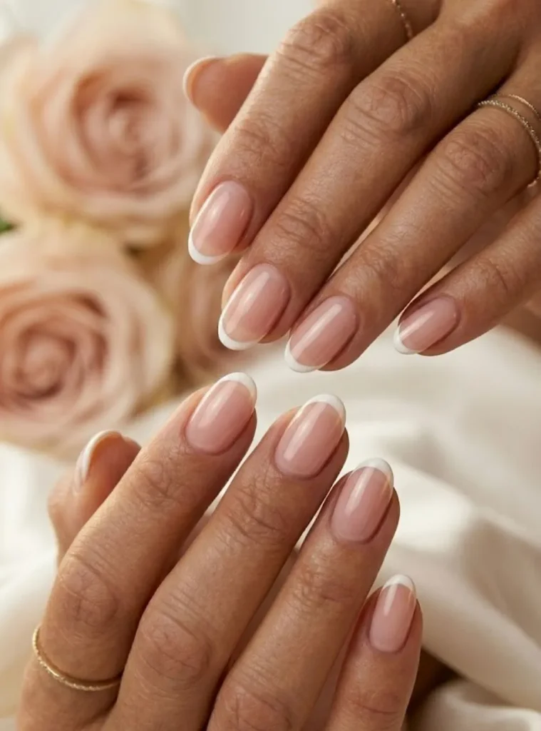 Sheer pink micro French manicure for mature women featuring delicate white tips and glossy finish