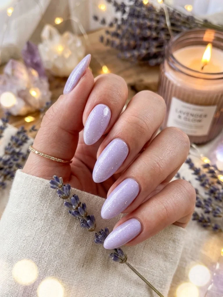 Pastel lavender almond nails with high-gloss glittery shimmer finish for an elegant whimsical 30th birthday brunch