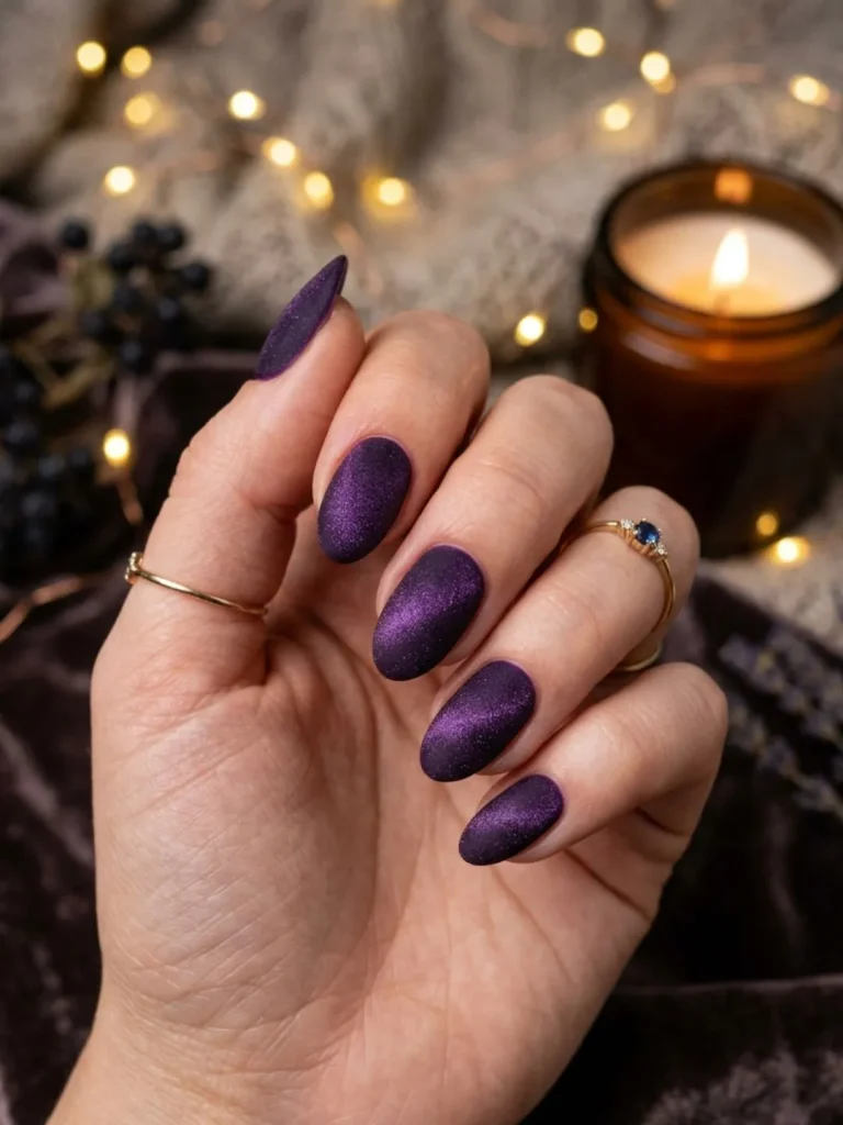 Short almond nails with magnetic velvet effect finish in deep purple or maroon for a luxurious 30th birthday cocktail party