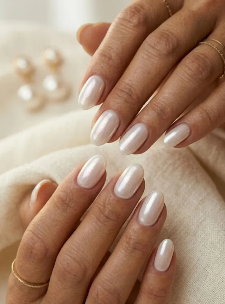 Soft alabaster glazed nails with pearlescent finish for elegant milestone birthday manicure