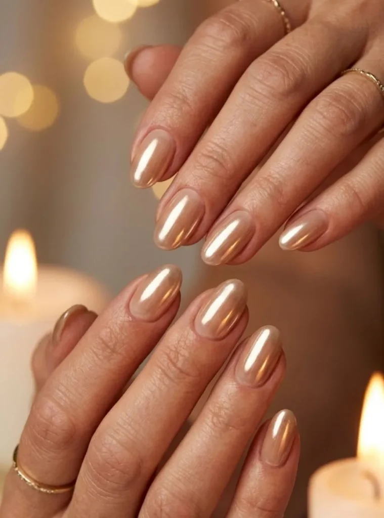 Champagne chrome 50th birthday nails with warm beige base and reflective metallic shine on oval nails